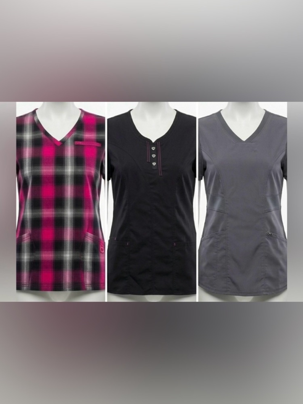 HeartSoul & Essentials Scrub Top Bundle Women’s XS Plaid Black Grey 3 pk